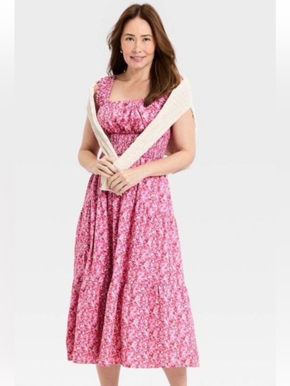 Universal Thread NWOT M Pink fuscia Floral Smocked waist cotton midi dress